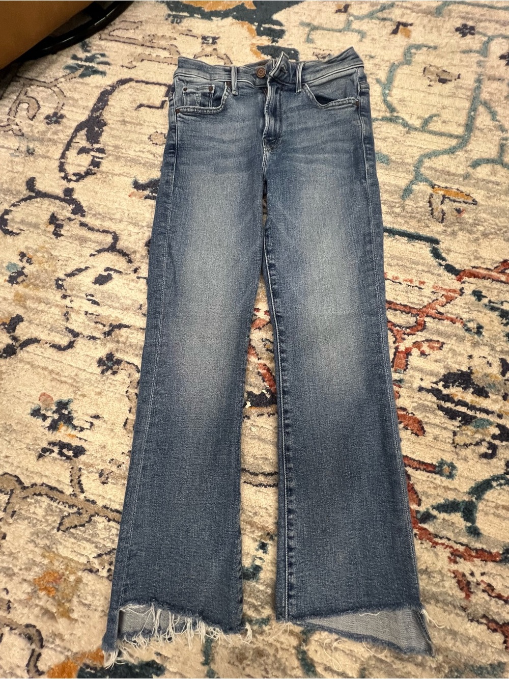 MOTHER Women's Mid-Blue Flare Jeans with Frayed Hem